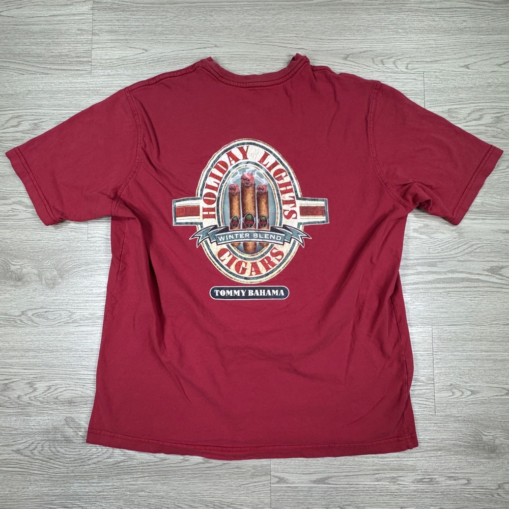 Tommy Bahama Mens T Shirt Holiday Lights Cigars Winter Blend Red Medium Graphic